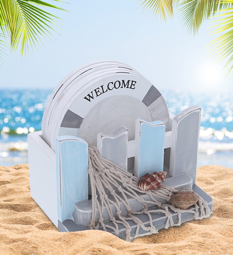 CoTa Global Moonlight Nautical Drink Coaster Set of 6 - Rustic Drink Coasters with Holder, Beach Decor for Home Table Top