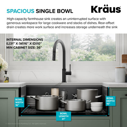 KRAUS Kore Workstation 33-inch Farmhouse Apron Front 16 Gauge Black Stainless Steel Single Bowl Kitchen Sink in PVD Gunmetal Finish with Accessories, KWF210-33/PGM