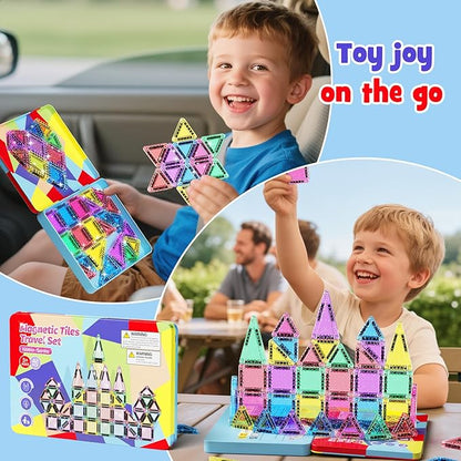 42 Pcs Mini Travel Glitter Magnetic Tiles Magnetic Block Set with Storage Box - STEM Educational Sensory Preschool Building Toy for Toddlers Ideal Kids Gifts for Ages 2 3 4 5 6