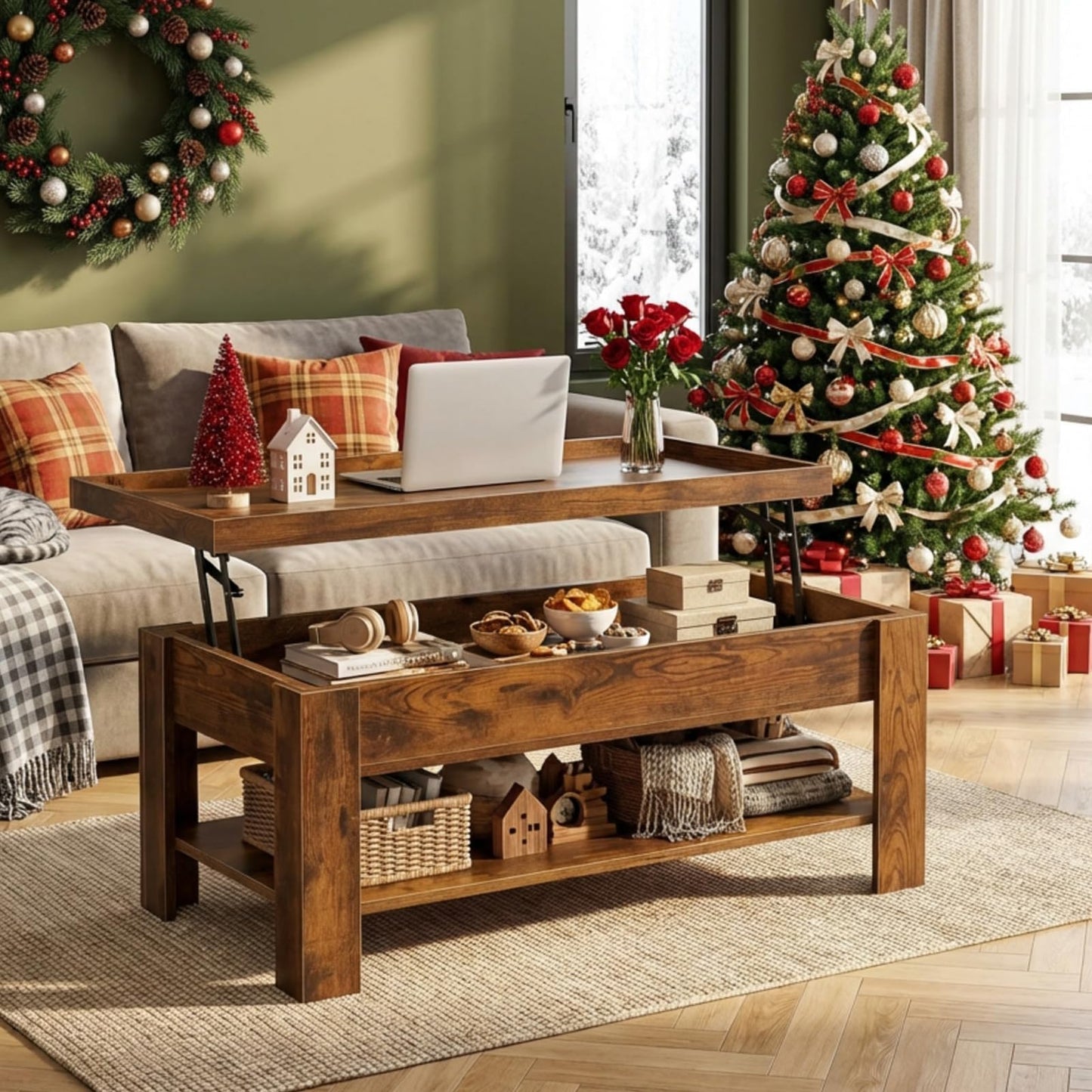 Lift Top Coffee Table with Hidden Storage, Modern Rising Tabletop Desk for Small Spaces, Wood Center Table with Large Compartment and Shelf for Living Room Apartment Dorm