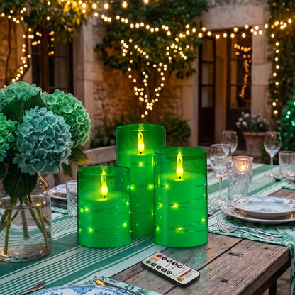 Homemory St. Patrick's Day Flameless Candles with Embedded Star String Fairy Lights, Green Battery Operated Candles, LED Candle, Fake Candles with Remote Control and Timer, Set of 3(H 4" 5" 6”)