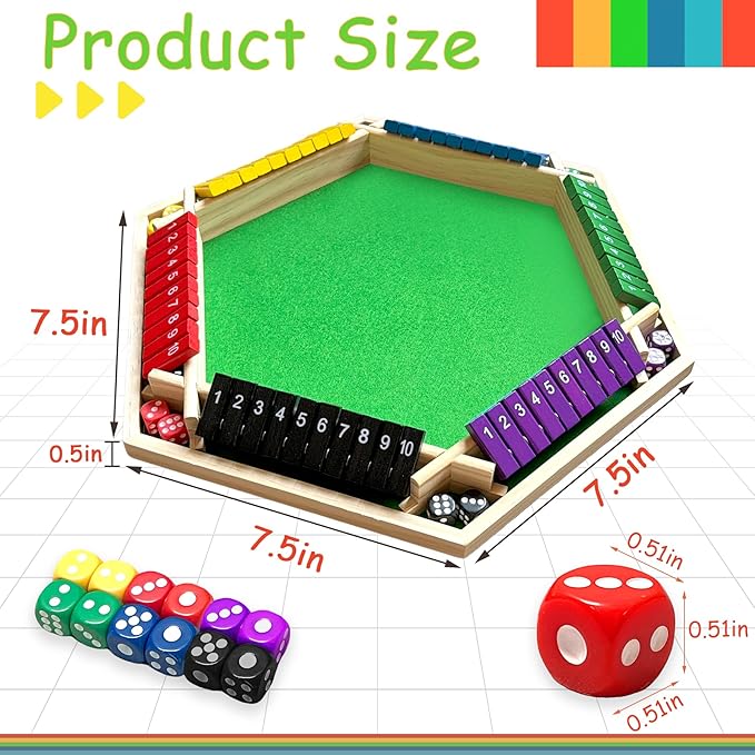 6-Player Shut The Box Game – Wooden Close The Box Math Game with Dice Educational Family Board Game for Learning Addition &amp Strategy Multi-Color 1-10 Number Flip Blocks