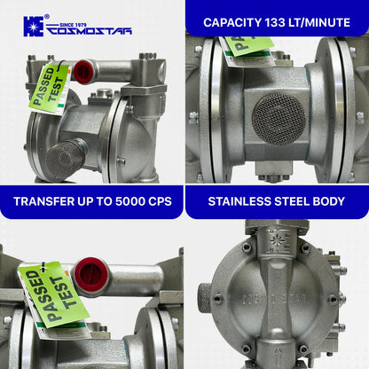 COSMOSTAR D0903 3/4" Double Air Diaphragm Pump, Aluminum Body, Teflon Ball, seat and Diaphragm, Pump Muffler, Pump, Chemical Pump, Waste Oil Pump, Pneumatic Oil Pump, Diaphragm Pumps