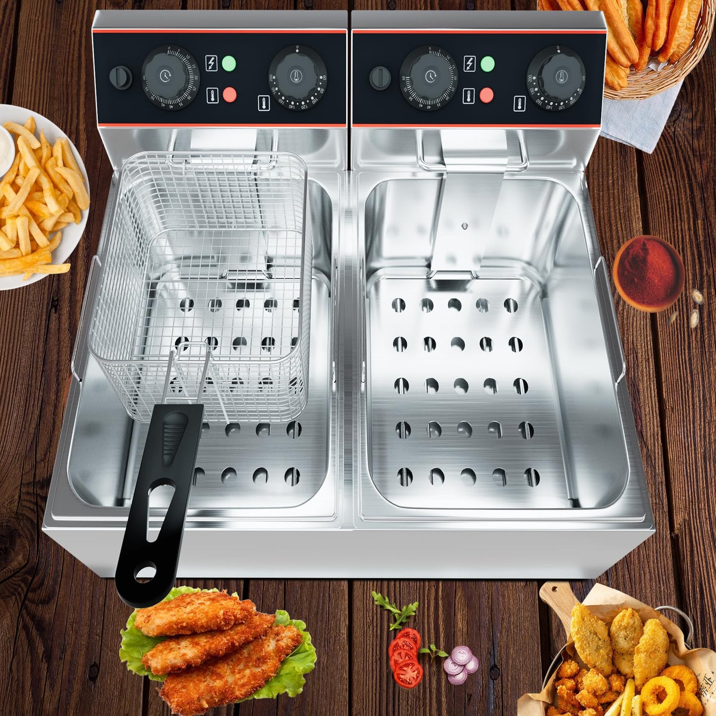GarveeHome Commercial Deep Fryer with Basket, 16.8 QT Stainless Steel Electric Countertop Fryer with Double Tanks and Temperature Control for Restaurant and Home Use, 1800 W+1800 W