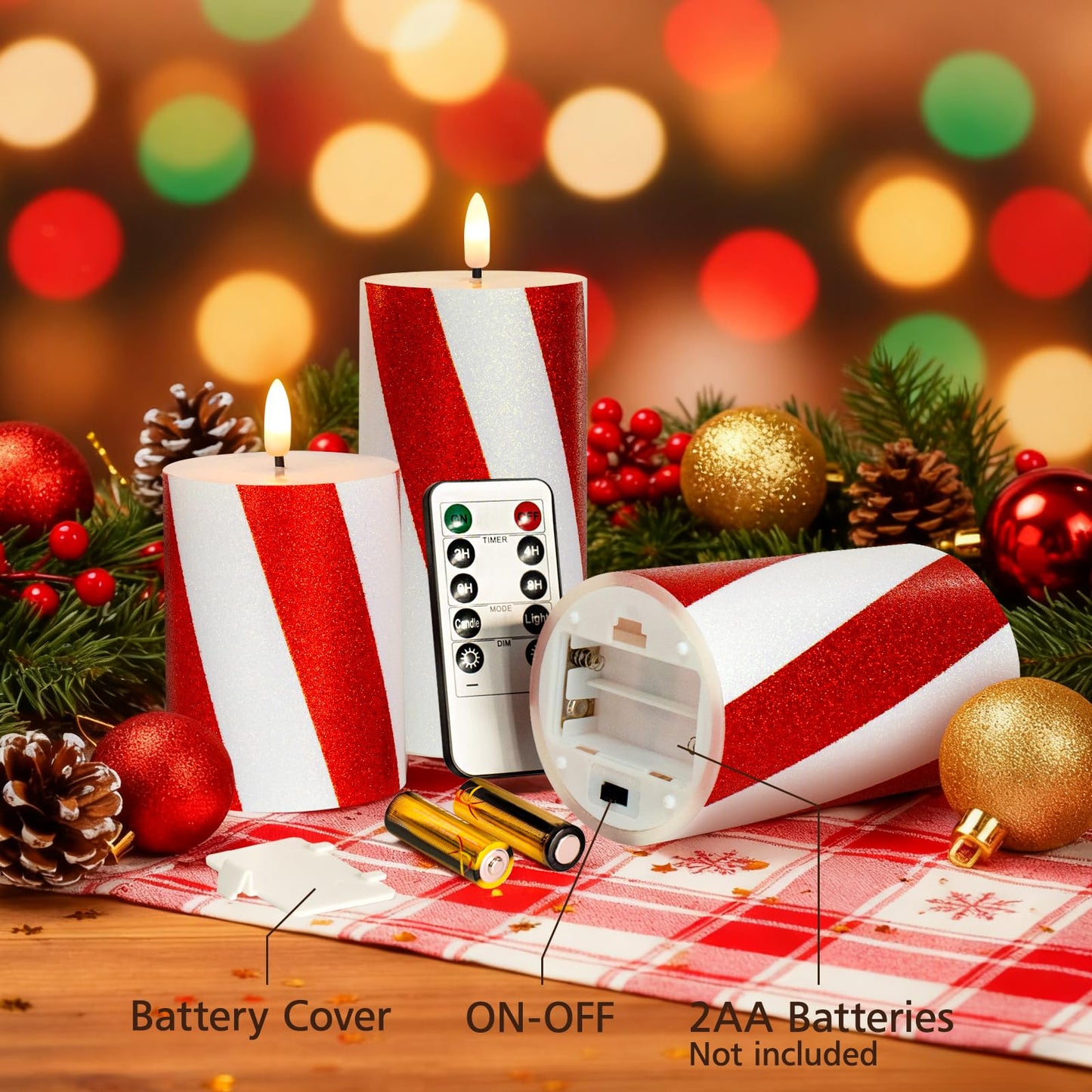 Lumeavetra Red Striped Glitter Flameless Candles, Battery Operated LED Pillar Lights with Remote Timer, Real Wax Decorative Candles for Holiday Home Party Decor, Set of 3 (D3 x H4 5" 6")