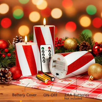Lumeavetra Red Striped Glitter Flameless Candles, Battery Operated LED Pillar Lights with Remote Timer, Real Wax Decorative Candles for Holiday Home Party Decor, Set of 3 (D3 x H4 5" 6")