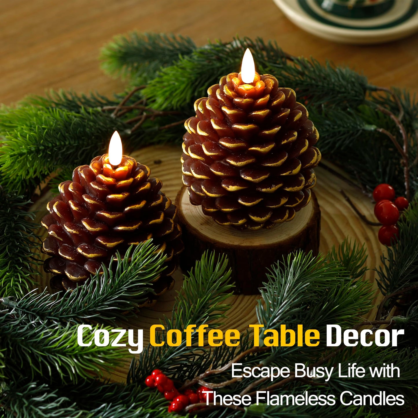 Christmas Flameless Pine Cone Candles with Remote Timer, Battery Operated Flickering Candles, LED Real Wax Pinecone for Christmas Home Decoration, Set of 2, Brown with Gold Glitter (5.5" X 4.1")