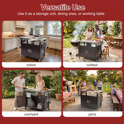 BBQMall Outdoor Grill Cart with Stainless Steel Top & Large Storage Cabinet, Movable Kitchen Island with Wheels for BBQ Food Prep, Pizza Oven Stand 39" x 20" x 35"