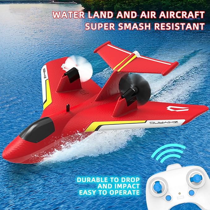 Remote Control Wireless Airplane Toy Gravity Gliders Airplane With Lights Rc Plane For Water Land &amp Air Rc Float Plane 2.4G 2 Channels Rc Remote Control Fighter Model Toy For Adults Kids (Red)