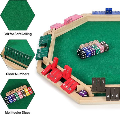 Vamslove Upgraded 2-8 Players Shut The Box Dice Game-Colorful 8-Way Wooden Board Table Math Game with 16 +6 Dices - Close The Box for Kids Adults Families Party Club (Instruction Included)