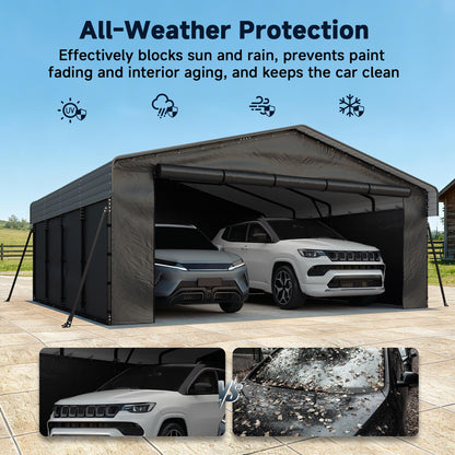 Real Relax 20x20FT Heavy Duty Metal Carport, All-Weather Galvanized Steel Enclosed Car Canopy with Roll-Up Door, Reinforced Base for 2 Cars, Trucks, Boat, Gray