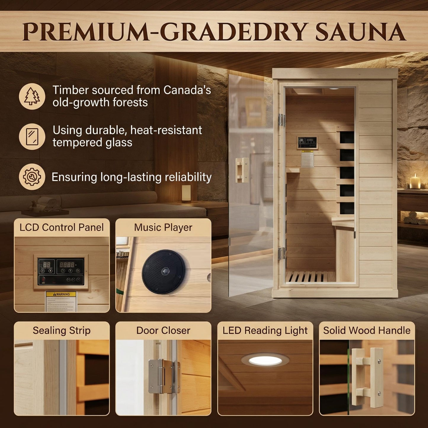 IDEALHOUSE Far Infrared Sauna for Home, 1-2 Person Indoor Sauna Room with Low EMF Heaters, Canadian Hemlock Wood, Warm White Light & Bluetooth Speakers, 1200W/110V Plug & Play, 32.7" x 27.6" x 60.2"