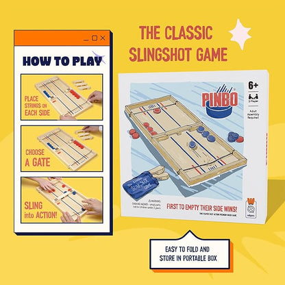 Pinbo Sling Puck Game (18) Premium Wooden Foldable Board | 2 Player Tabletop Game for Adults &amp Kids | Travel Friendly Classic Slingshot Game