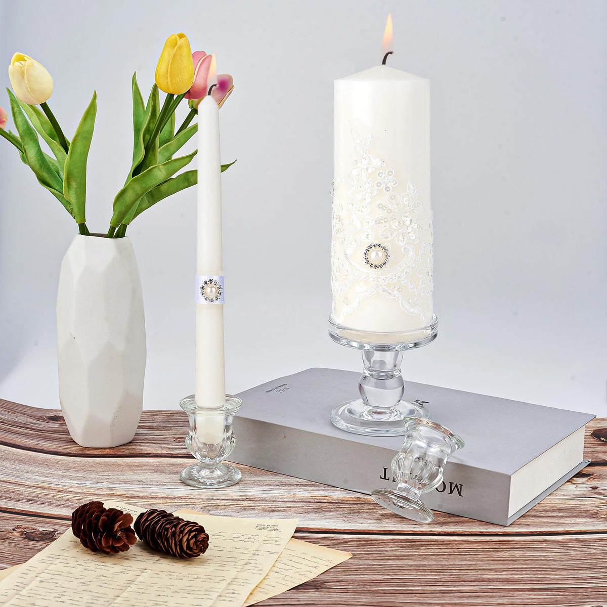 Unity Candles with Glass Candle Holder for Wedding Ceremony - Unity Candle Set Wedding Candles for Ceremony, Unity Ideas for Religious Anniversary Newlyweds Unity Candle Gifts