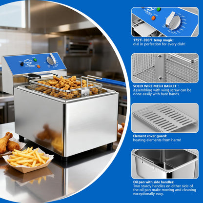 TOPKITCH 6L Electric Deep Fryer with Removable Oil Container and Handle, Solid Wire Mesh Basket and Lid, Lightweight Commercial Countertop Fryers - 120V 1800W