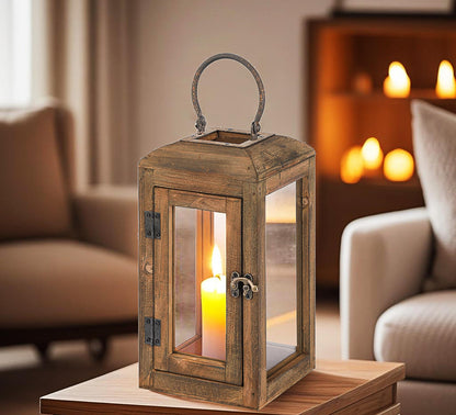 11" High Wooden Lantern Made of Solid Firwood in Handpainted Mediterranean Brown with Metal Handle,Hurricane Lantern, Farmhouse Lantern for Party, Deck, Front Porch (1, Brown, Small)