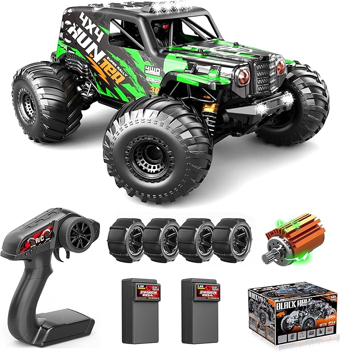 RC Cars 1:14 Scale 4WD Off-Road Monster Truck Rc 40+ KM/H 4X4 Waterproof ESC Remote Control Car with Dual 7.4V 1300mAh Batteries Extra Paddle Tires &amp Full Roll-Cage Frame for Adults &amp Boys