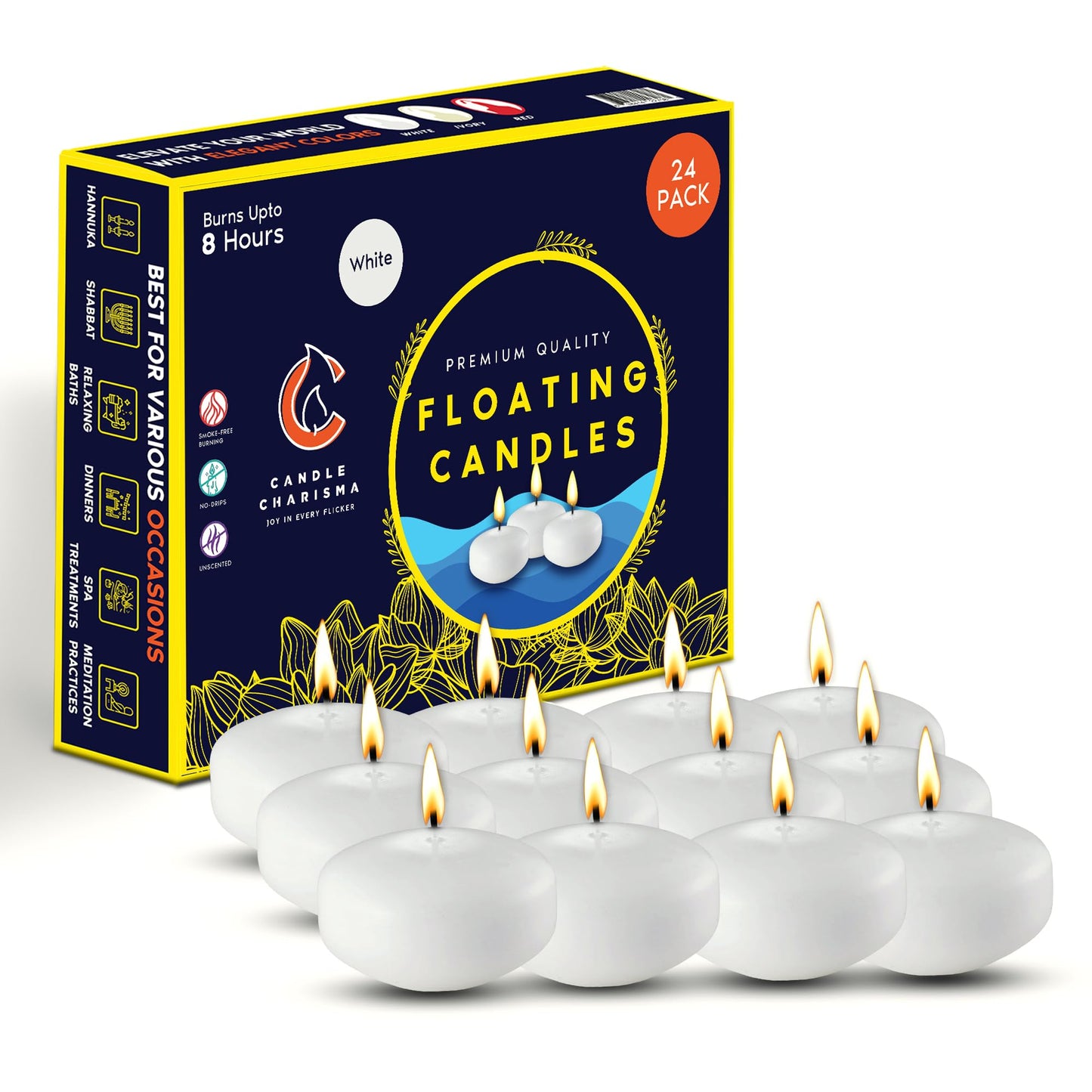 Candle Charisma White Floating Candles 3 Inch (Set of 24) – 8-Hour Dripless, Smokeless Burn with Natural Flickering Flame – Perfect for Weddings, Centerpieces, Pool Nights & Special Events