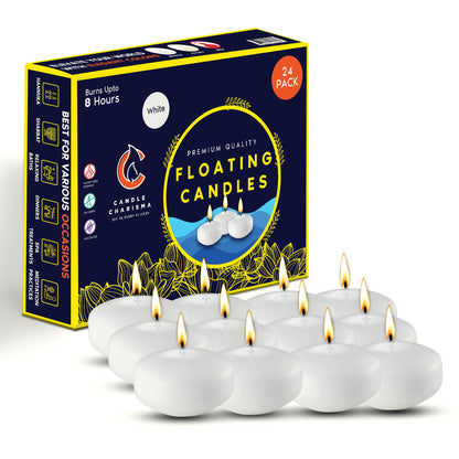 Candle Charisma White Floating Candles 3 Inch (Set of 24) – 8-Hour Dripless, Smokeless Burn with Natural Flickering Flame – Perfect for Weddings, Centerpieces, Pool Nights & Special Events