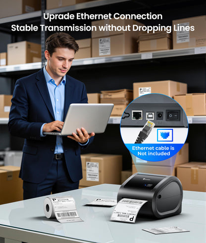 Phomemo 300 DPI 4x6 Thermal Shipping Label Printer with 500 Labels, Ethernet Bluetooth USB, High Resolution Thermal Printer for Small Business, Compatible with iOS Android Windows Mac, for USPS UPS