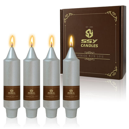 Christmas Metallic Silver Candle 5 Inch Short Smokeless Taper Candles 4 Pack Unscented Dinner Candle for Christmas Dinner
