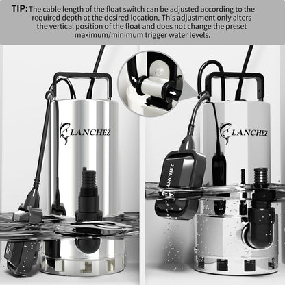 LANCHEZ 1.6HP 6000GPH Sump Pump, Stainless Steel High Flow Submersible Water Pump with Float Switch, Automatic Transfer Water Pump for Swimming Pool Basement Flooded Pit Sewage Sink Tub, Silver