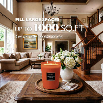 HomeLights Scented Candles - Large Jar Aromatherapy, Natural Soy Wax, 130 Hour Long Burning, Fireside Wood & Glow