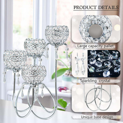 4 Arms Crystal Candelabra Tealight Holder - Tall 15.7 Inch Elegant Tabletop Centerpiece with Crystal Pendant Bowls & Artistic Metal Stand for Wedding, Dining Table, Home Decor (2, Silver)