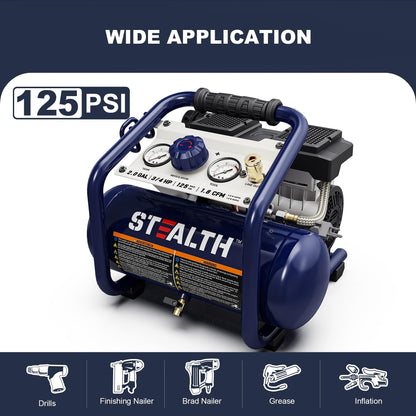 Stealth Air Compressor 2 Gallon, 3/4 HP Oil-Free Compressor, Less than 60dB Ultra Quiet Electric Air Compressor,Max 125 PSI Pressure for Tire Inflation,Nailing,Home DIY Project(SAQ-1234)