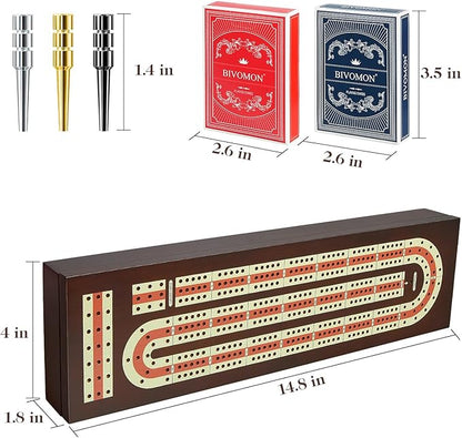 Cribbage Board Game Set Continuous 3 Track Wooden Board with Magnetic Lock 9 Metal Pegs 2 Playing Cards Large Storage Area Travel Portable Travel Cribbage Boards for Adult Child