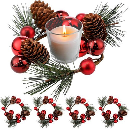 FoldTier Christmas Candle Rings - 4 Pcs Artificial Red Berries & Pine Needles Garland | Rustic Table Centerpieces