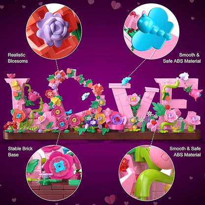 Love and Flowers Building Set for Adults 791 PCS Letter Brick Art Pink Flower Blocks for Home Décor Gift for Kids Birthday Valentine’s Day Mother's Day Confessing Love for Her or Him