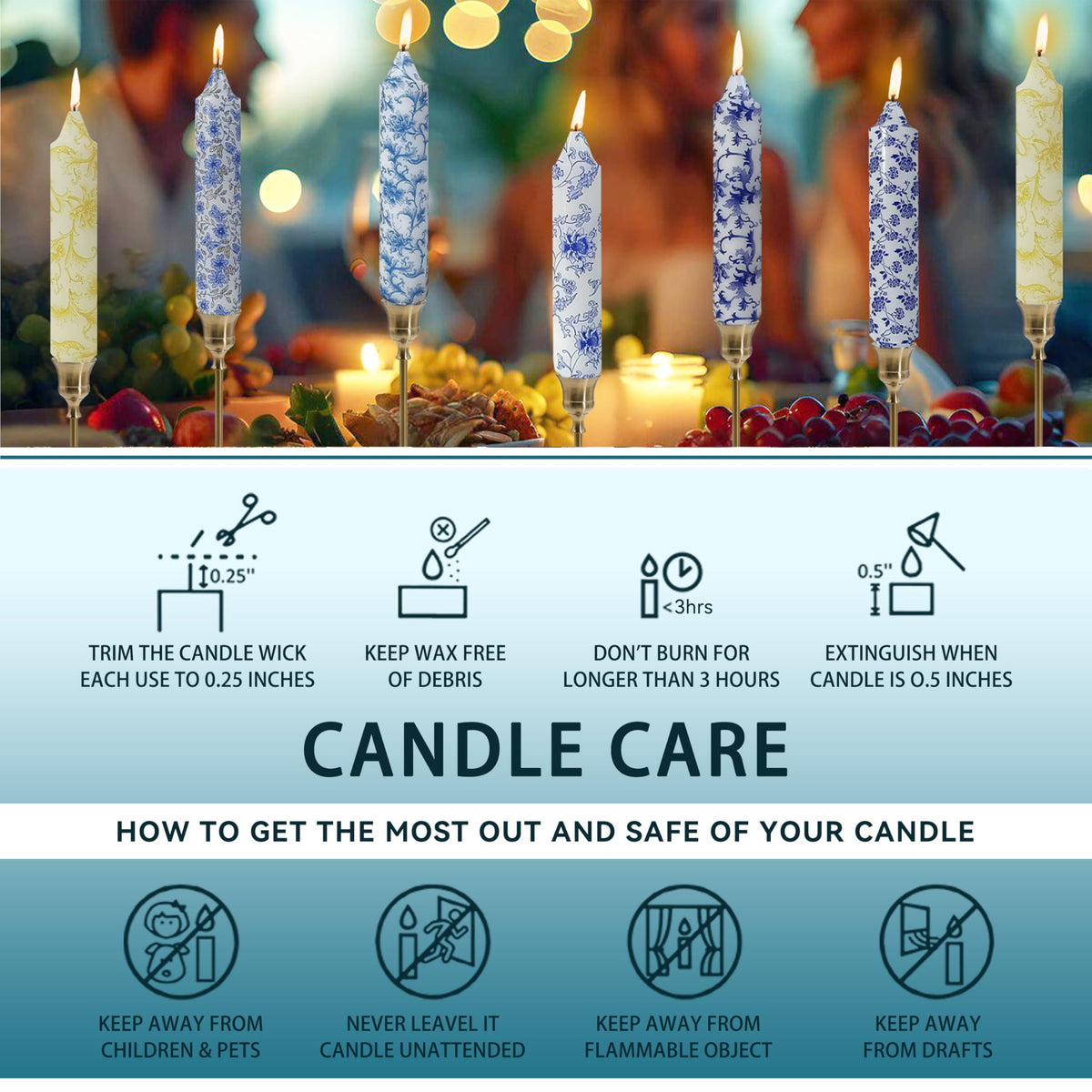 7 inch Short Candle Blue Quicksand Print Candle 4 Pack Handmade Unscented Taper Candles Printed Candlestick Smokeless Tapered Candles for Home Dinner Wedding Holiday