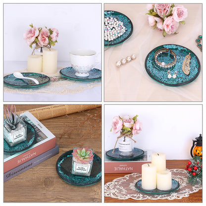 OwnMy 2PCS Mosaic Glass Candle Plates and Trays 6 Inch Pillar Candle Holders Plates, Glass Mosaic Candle Coasters Decorative Pillar Candle Stands Candle Bases for Wedding Table Centerpiececs, Blue