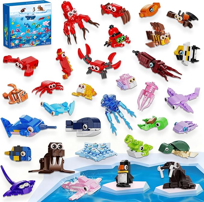 32 Pack Marine Animals Building Blocks - 846PCS Kids Party Favors Educational Toy Goodie Bag Stuffers Classroom Prizes Valentines Easter Birthday Gifts for Boys Girls 6-12
