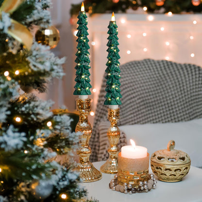 Christmas Tree Candles Surrounded by Fairy Lights, LED flameless Candle Lights with Remote Control Timing Function. Green