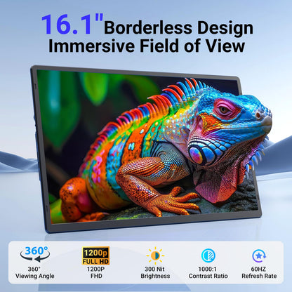 Ygretyrjh 16.1" Laptop Screen Extender, 1200P FHD Portable Monitor for Laptop, 360° Rotating, Plug & Play, Detachable Stand, Height Adjustable, Seamless Frame, Travel Monitor for Mac/OS/Win/Chrome/Dex