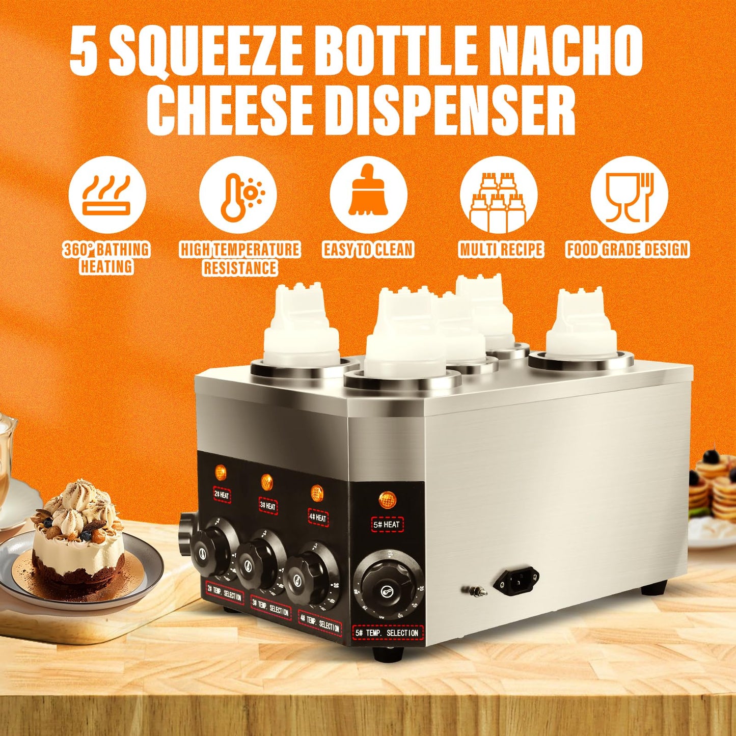 KOOTEN Electric Sauce Warmer Dispenser Commercial Nacho Cheese Warmer 0.68 x 5 Qt Hot Chocolate Warmer Heater, 86-185℉ (22 OZ) Hot Fudge Warmer with Bottle*5