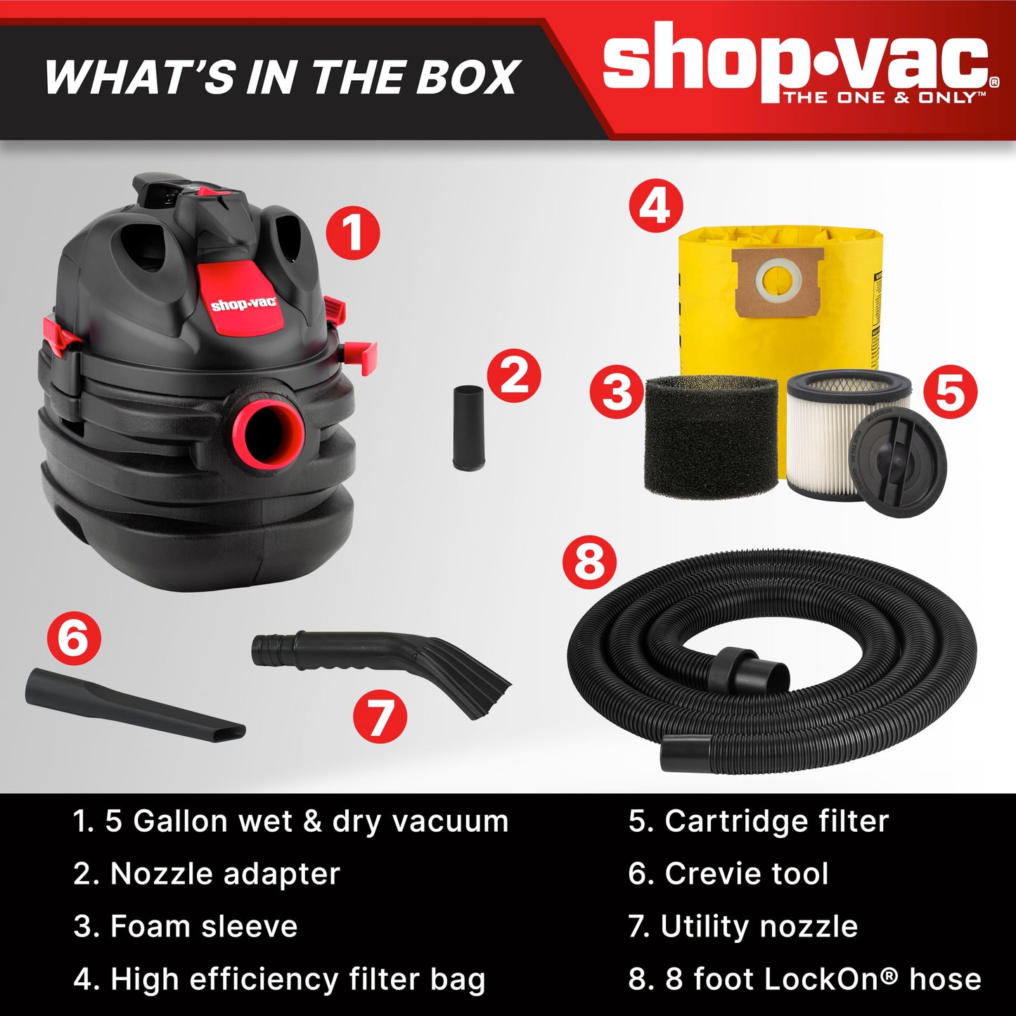 Shop-Vac 5 Gallon 6.0 Peak HP Portable Wet/Dry Vacuum, 1-1/2 Inch Diameter x 8 Foot Hose, 20 Foot Cord, Ideal for Jobsite, Garage, Workshop & Home