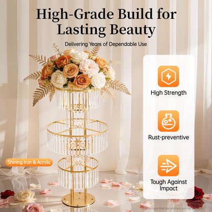 2 PCS Crystal Vases for Centerpieces, 43.3 in Tall Metal Pedestal Stands with Hanging Crystals for Table Chandelier Centerpiece, 5 Tiers Flower Stand for Wedding Reception Party (Gold, Round Base)