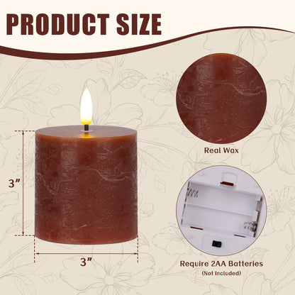 Brown Flameless Pillar Candles with Remote, Real Wax LED Candles Set of 3 (3x3Inch), 3D Flickering Flame, Battery Operated Candles with Timer for Home Decor, Table Centerpiece, Farmhouse Fall Decor