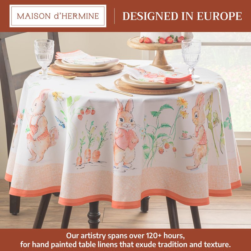 Maison d' Hermine Table Cloth Round Table 100% Cotton 69 Round Inches Tablecloth Reusable Decorative for Dining Kitchen Room Farmhouse Home Gifts for Mothers Day Spring Summer - Bunny Party