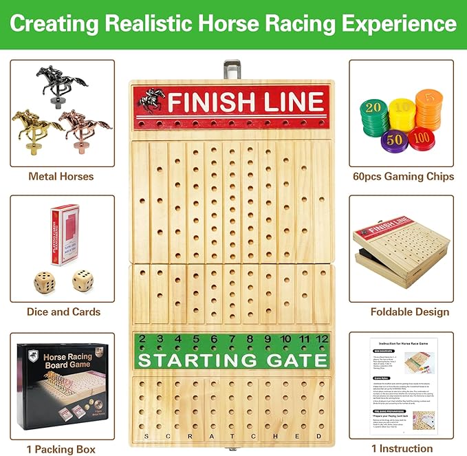 FUNNYB&ampG 21 inches Horse Race Board Game Foldable Large Horse Racing Game for Adults with 11 Metal Horses Solid Wood 60 Pcs Poker Chips 2 Dice 1 Pack of Cards for Family Tabletop Parties(Log)