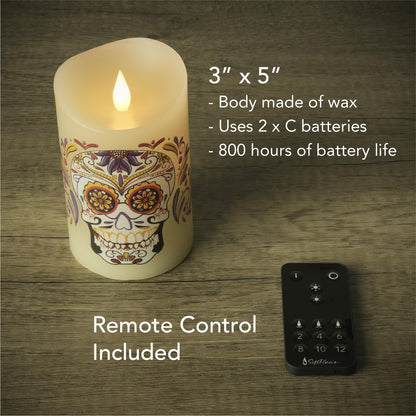 Softflame Halloween Flameless LED Candles with Remote Control, 3"x 5"Battery Operated Pillar Real Wax with Timer for Halloween Decorations, Sugar Skull Candle