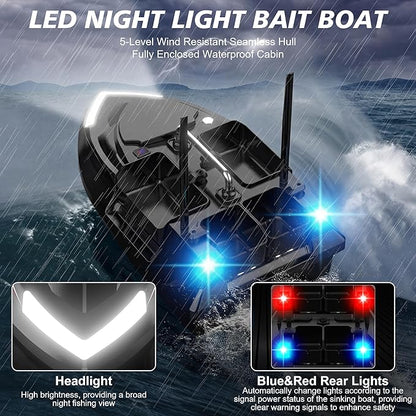 RC Bait Boat with Line Drop for Adult Cruise Control 4 Bait Slot 6.6LBS Loading 12000mAh Battery and Motors 1640FT Range Remote Control Fish Boat with LED Light Hook Release &amp Backpack(Black)