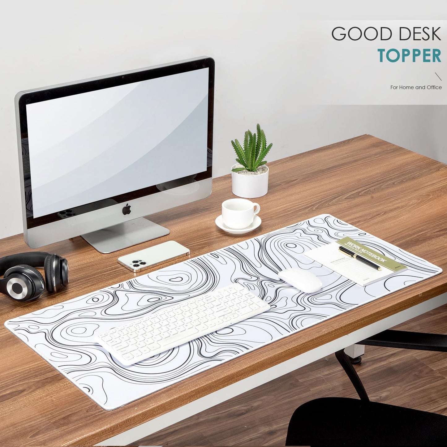 Black and White Large Gaming Mousepad - Extended Contour Topography Mouse Mat for Home and Office,Laptop Keyboard Mat with Non-Slip Rubber Base, Stitched Edges (35.43x15.75 x0.12, Not Waterproof)