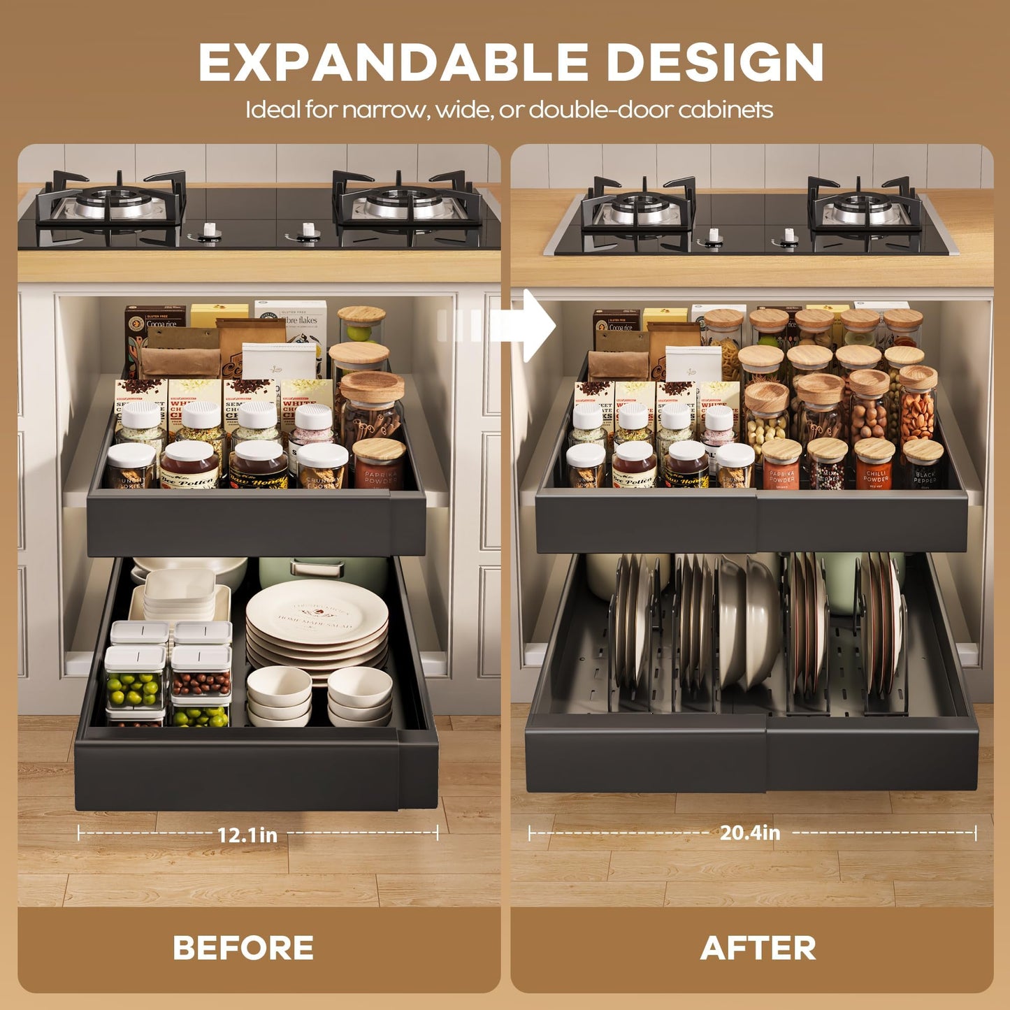 Seinloes 6 Pack Pull out Cabinet Organizer 21"Deep with Raising Pad for Framed Cabinets, Expandable Slide out Drawers for Kitchen Cabinets with 6pcs Divider Racks, Roll out Shelves 12.1"-20.4" W Black