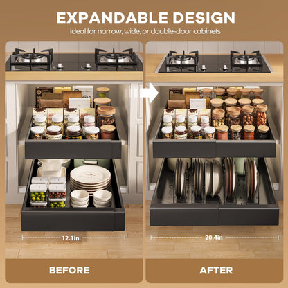 Seinloes 6 Pack Pull out Cabinet Organizer 21"Deep with Raising Pad for Framed Cabinets, Expandable Slide out Drawers for Kitchen Cabinets with 6pcs Divider Racks, Roll out Shelves 12.1"-20.4" W Black