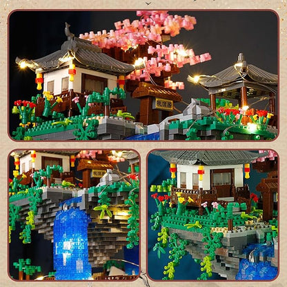 Cherry Blossom Bonsai Tree Micro Building Block Set Chinese Architecture Peach Blossom Pond Kits Japanese Sakura Tree Valentine's Day Gifts for Adults Age 14+ (2705Pieces)