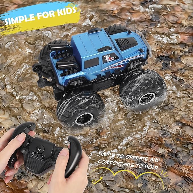 HENGI Amphibious Remote Control Car RC Monster Truck 2.4GHZ 1:16 Waterproof All-Terrain Off-Road RC Cars Toys Pool Toys Gifts for Boys and Girls Age 8-12 (Blue)